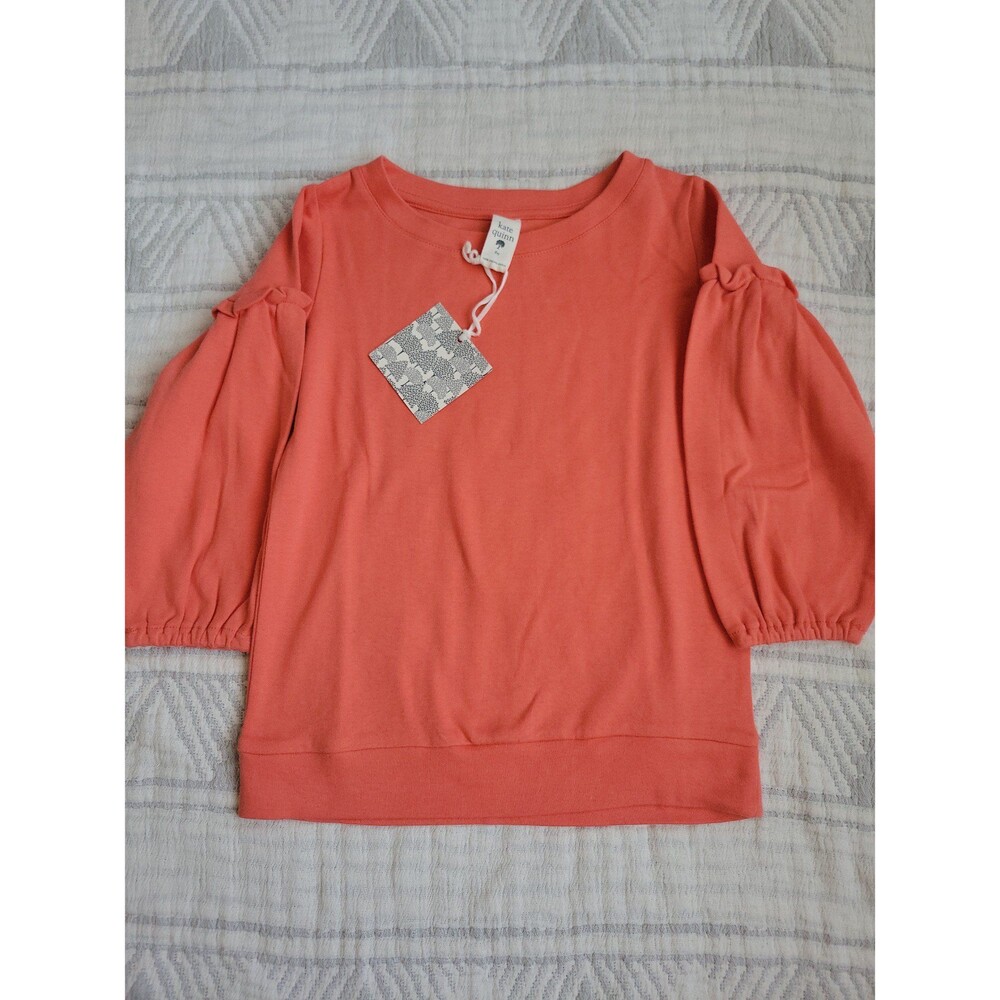 Kate Quinn Girls Coral Pink Organic Cotton‎ Ruffle Puff Sleeve Sweatshirt NWT 6Y